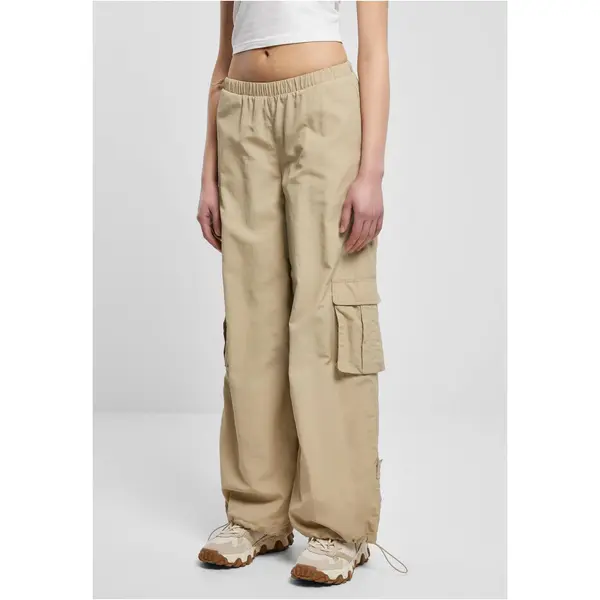Urban Classics Ladies Wide Crinkle Nylon Cargo Pants Concrete