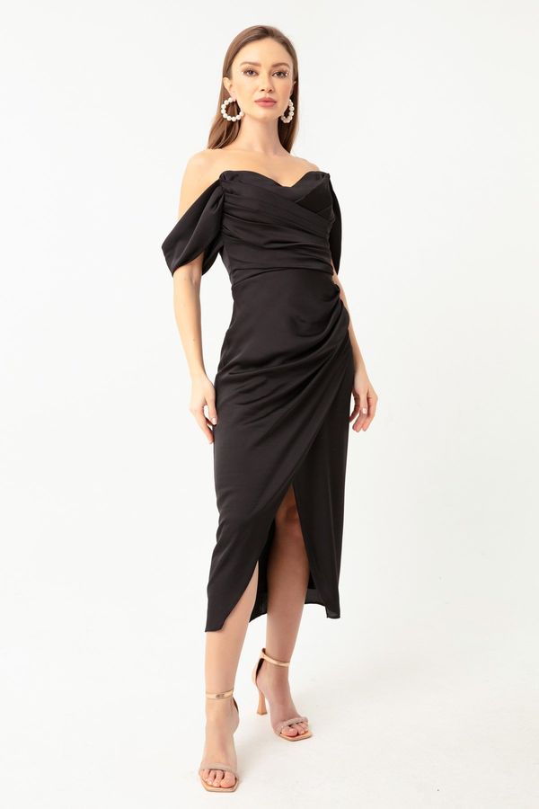 Lafaba Lafaba Women's Black Boat Neck Draped Midi Evening Dress