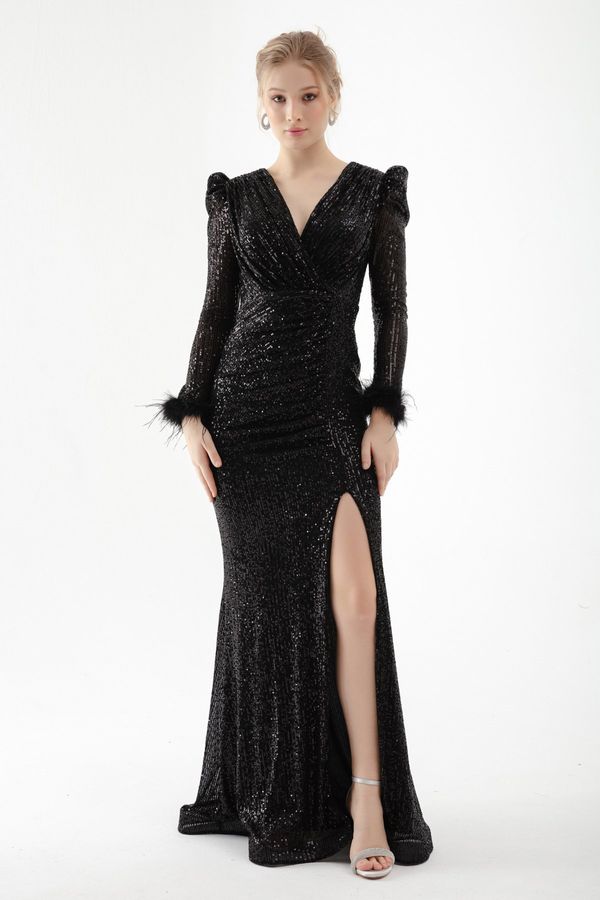 Lafaba Lafaba Women's Black Double Breasted Neck Sequined Long Evening Dress