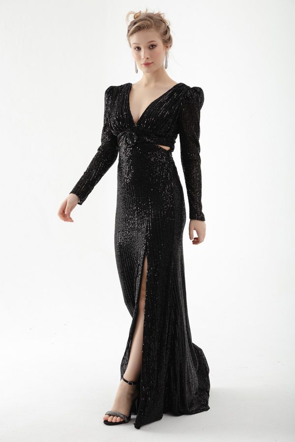 Lafaba Lafaba Women's Black V-Neck Waist Decollete Sequined Long Evening Dress