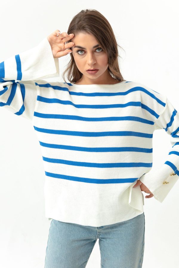 Lafaba Lafaba Women's Blue Boat Neck Striped Knitwear Sweater