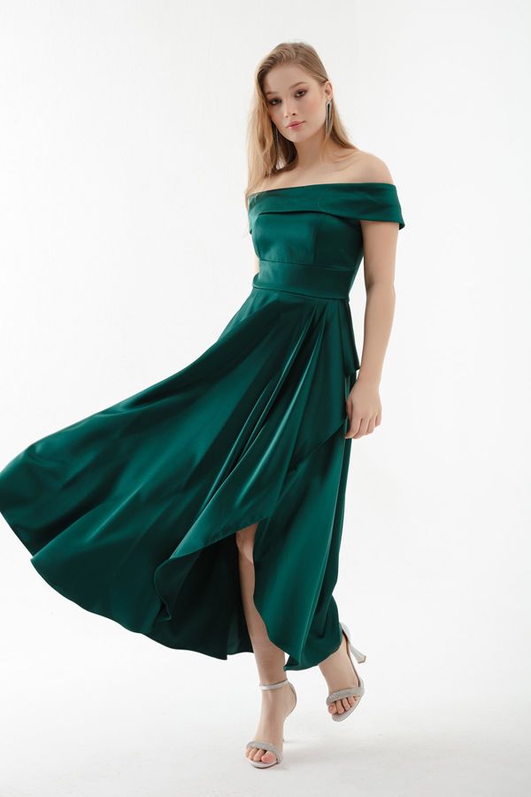 Lafaba Lafaba Women's Emerald Green Boat Neck Midi Satin Evening Dress