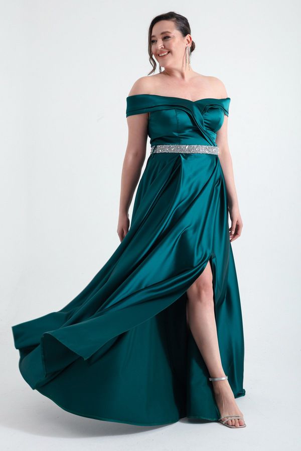 Lafaba Lafaba Women's Emerald Green Boat Neck Stony Belted Plus Size Evening Dress
