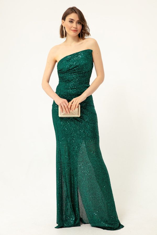 Lafaba Lafaba Women's Emerald Green Strapless Slit Sequined Long Evening Dress