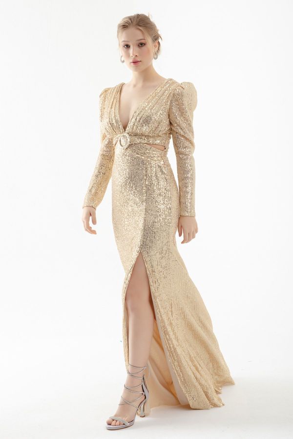 Lafaba Lafaba Women's Gold V-Neck Decollete Waist Sequined Long Evening Dress