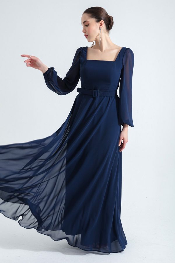 Lafaba Lafaba Women's Navy Blue Square Neck Long Chiffon Evening Dress