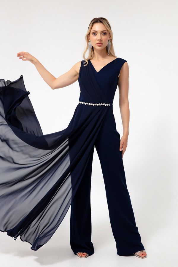 Lafaba Lafaba Women's Navy Blue Stone Chiffon Evening Dress Jumpsuit