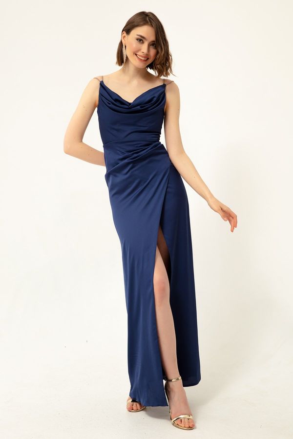 Lafaba Lafaba Women's Navy Blue Stone Strap Neckline Satin Evening Dress