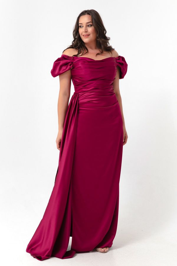 Lafaba Lafaba Women's Plum Boat Collar Train Evening Dress In Long Satin & Prom.