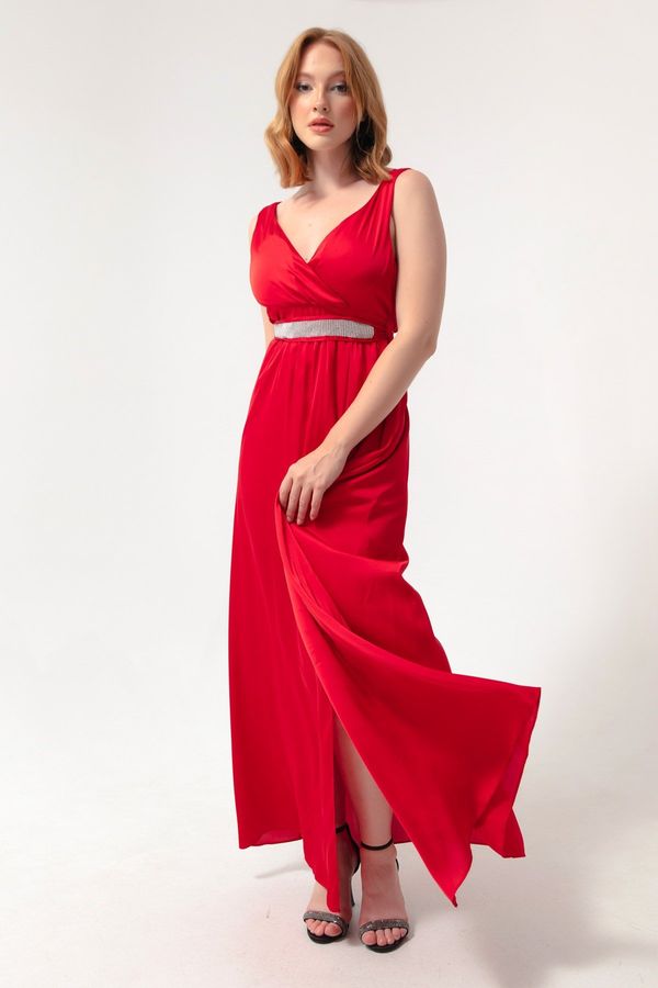 Lafaba Lafaba Women's Red Double Breasted Collar Stone Belted Long Evening Dress