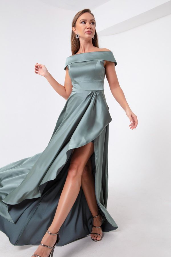 Lafaba Lafaba Women's Turquoise Boat Neck Satin Evening Dress & Prom Dress