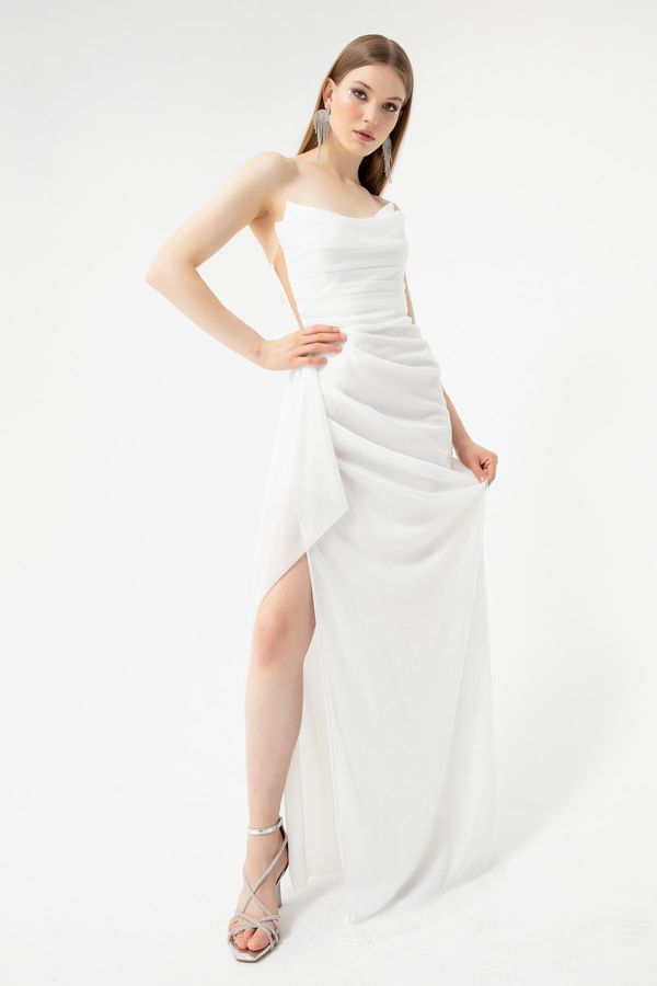 Lafaba Lafaba Women's White Bust Draped Glittery Slit Evening Dress.