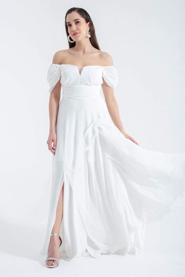 Lafaba Lafaba Women's White Open Shoulder Slit Detailed Tulle Evening Dress