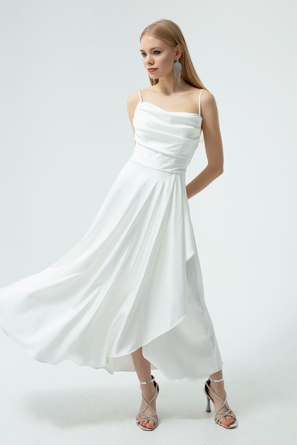 Lafaba Lafaba Women's White Satin Midi Length Evening Dress & Prom Dress with Ruffles and a Slit.