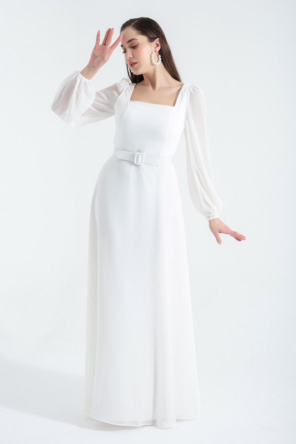 Lafaba Lafaba Women's White Square Neck Long Chiffon Evening Dress