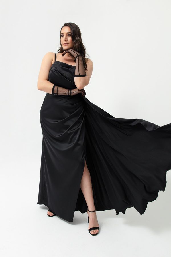 Lafaba Lafaba ženska črna enoramska plus velikost satenastih večernih oblek in maturantske obleke
