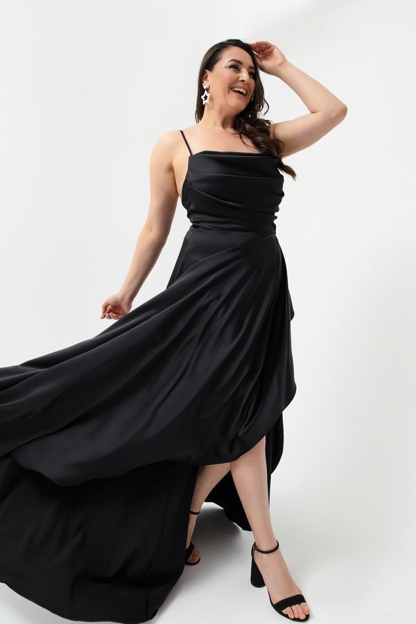 Lafaba Lafaba ženska črna plus velikost satenastih večernih oblek z nabori in razrezano maturantsko obleko
