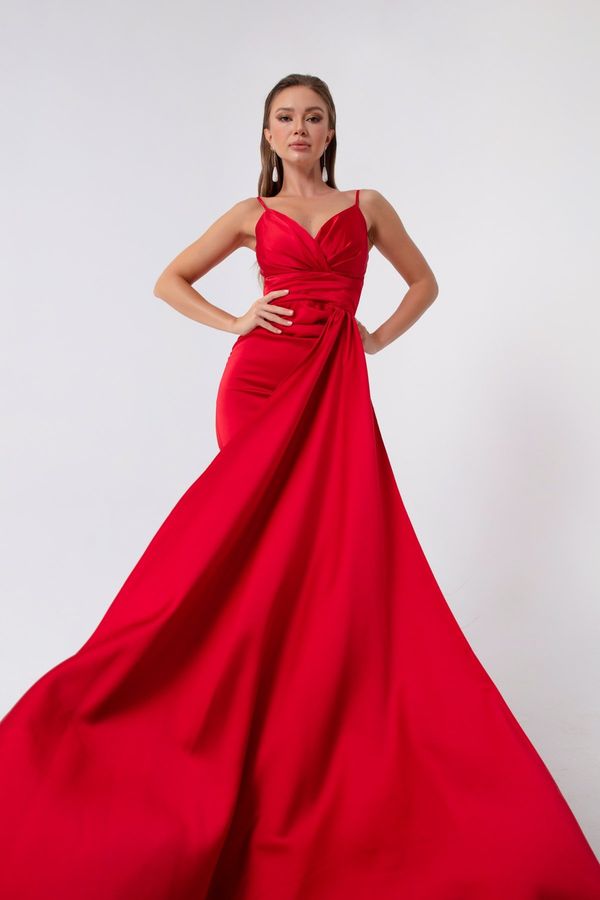 Lafaba Lafaba ženska rdeča dolga satenska večerna obleka s trakovi, maturantska obleka