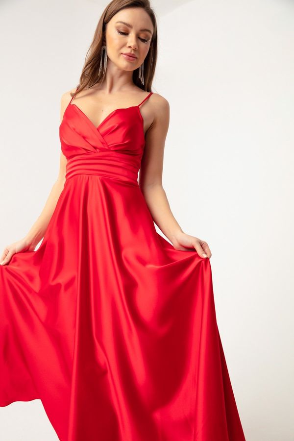 Lafaba Lafaba ženska rdeča satenska večerna obleka s trakovi in pasom &; maturantske obleke