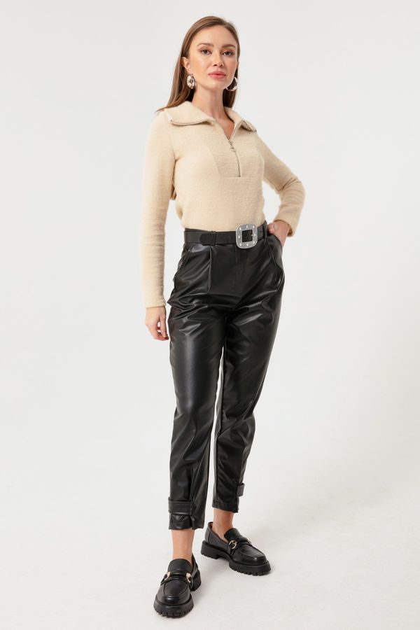 Lafaba Lafaba ženske črne usnjene hlače s snap pritrdilnim elementom