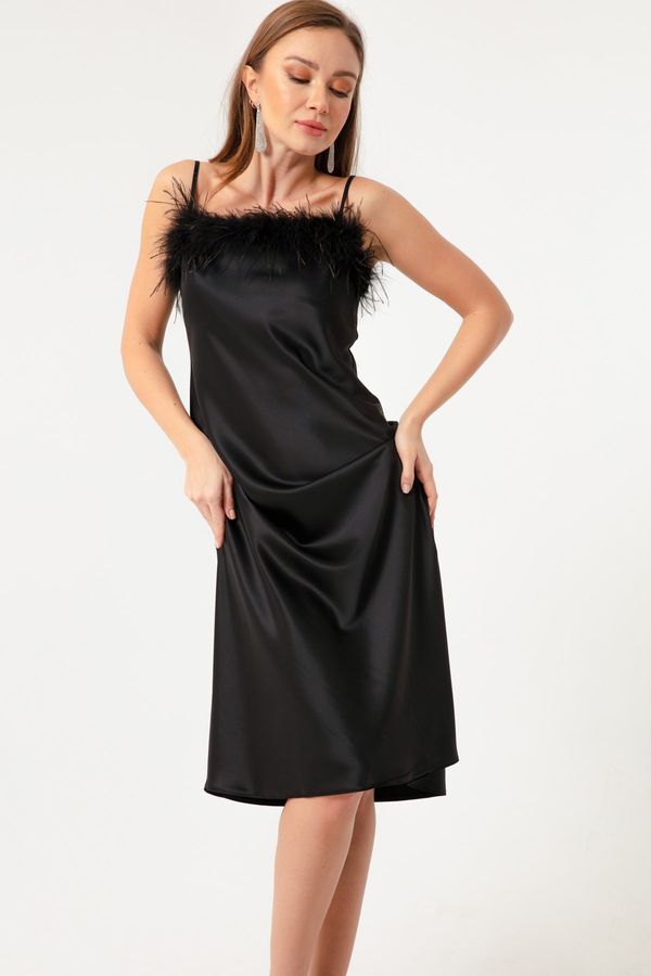 Lafaba Lafaba ženski črni trakovi večerna obleka s satenastim podrobnim midi satenom.
