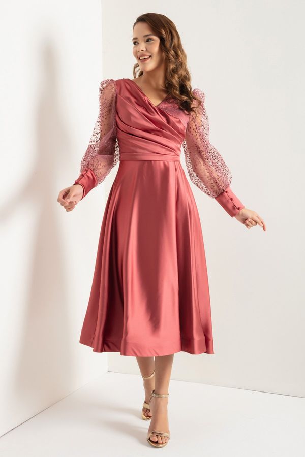 Lafaba Lafaba ženski losos Dvojni prsni vrat Srebrna Midi Saten večerna obleka