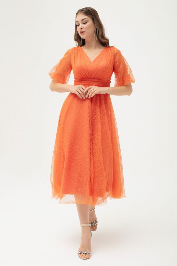Lafaba Lafaba ženski oranžni balonski rokav Srebrna večerna obleka
