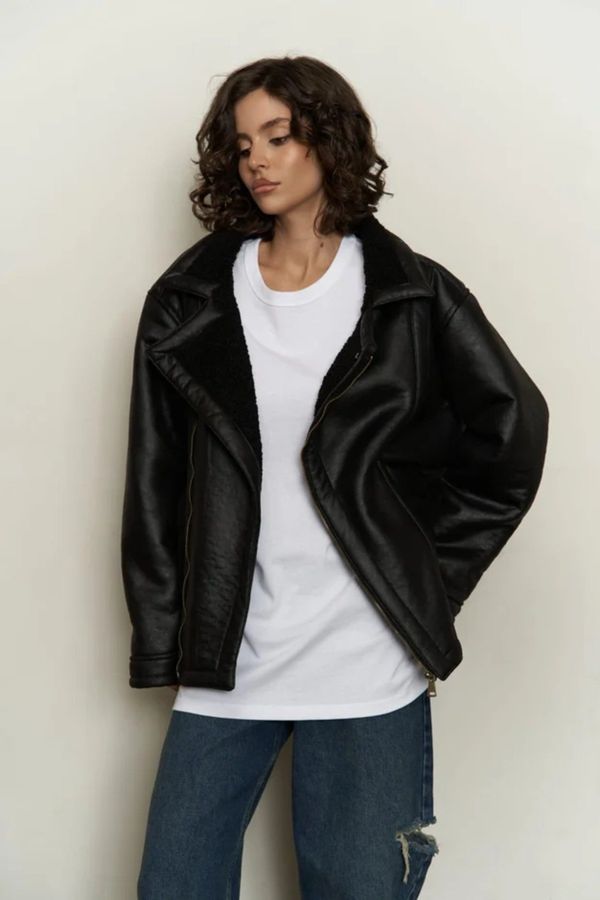 Laluvia Laluvia Black Shearling Leather Coat