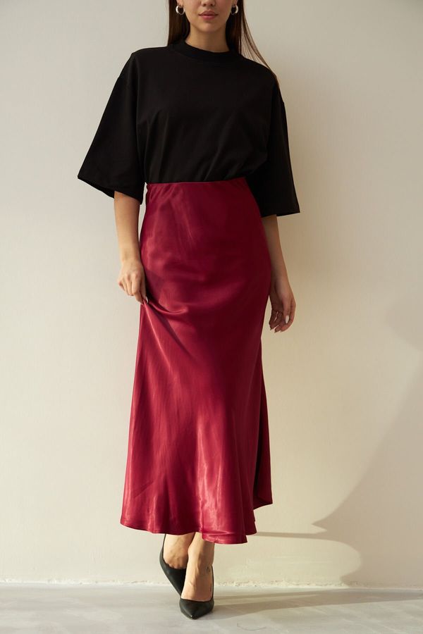 Laluvia Laluvia Burgundy Flared Rise Waist Long Satin Skirt