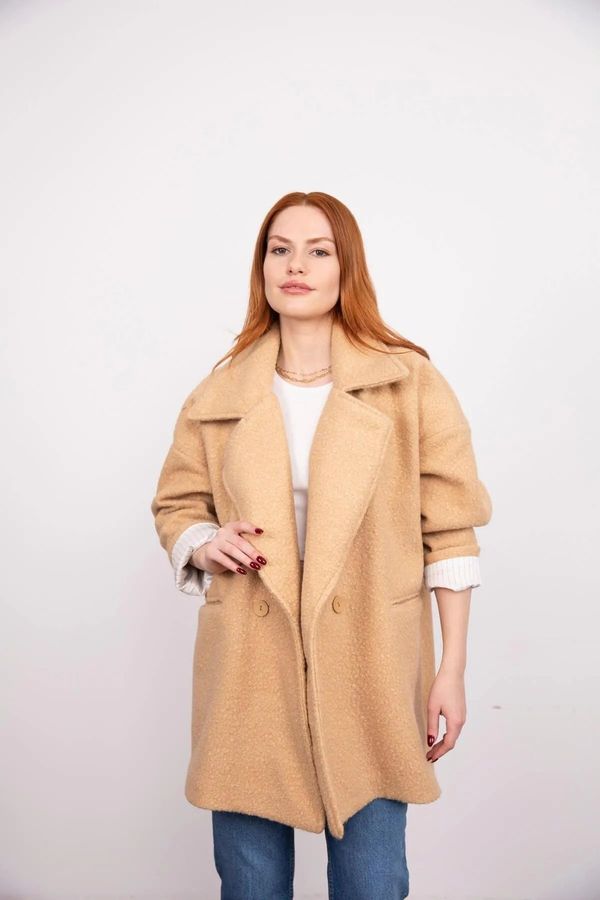 Laluvia Laluvia The Camel Sleeves are Foldable, Detailed One-Button Boucle Coat.