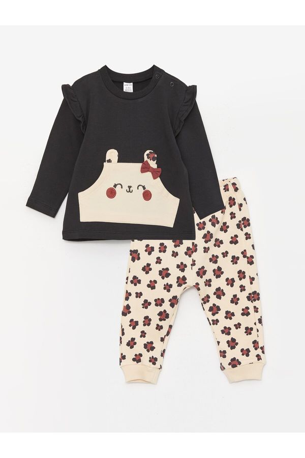 LC Waikiki LC Waikiki Crew Neck Long Sleeve Printed Baby Girl's Sweatshirt and Pants 2-Pair Set