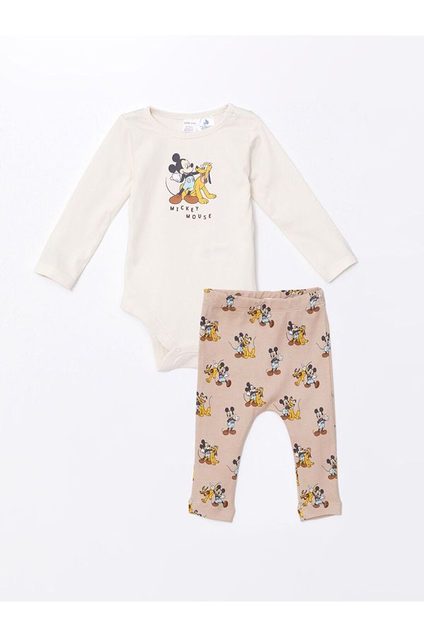 LC Waikiki LC Waikiki Lcw Crew Neck Long Sleeve Mickey Mouse Printed Baby Boy Snap Bodysuit and Tights 2-Piece Set