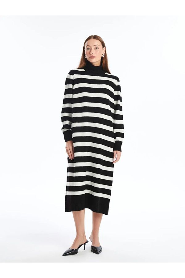 LC Waikiki LC Waikiki LCWAIKIKI Classic Black Striped Turtleneck Striped Long Sleeve Oversize Women's Knit Dress