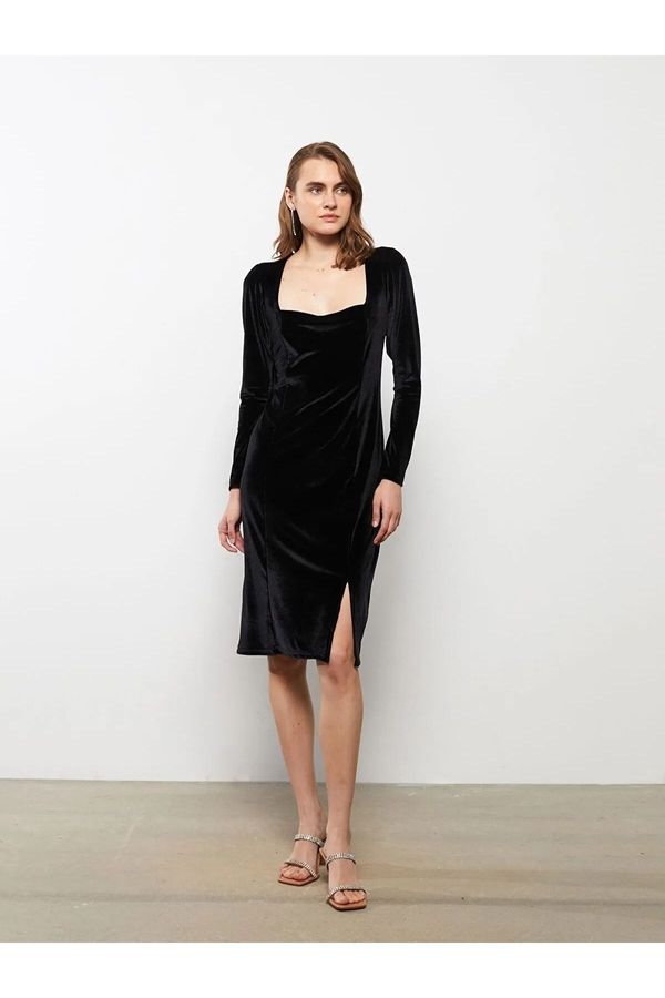 LC Waikiki LC Waikiki Lcwaikiki Women's Classic Square Neck Straight Long Sleeve Velvet Dress