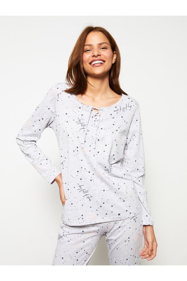 LC Waikiki LC Waikiki Tie Collar Patterned Long Sleeve Women's Pajamas Set