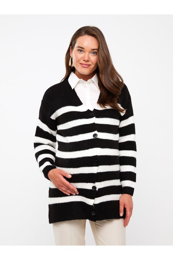 LC Waikiki LC Waikiki V-Neck Striped Long Sleeve Maternity Knitwear Cardigan