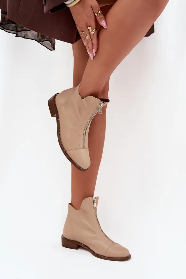 Zazoo Leather Ankle Boots With Zipper Beige Zazoo