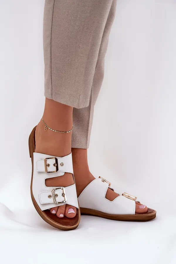 Zazoo Leather Flat Sandals With Buckles White Zazoo 3020
