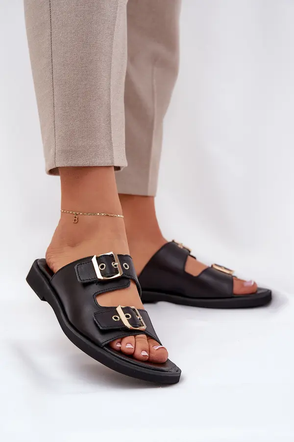 Zazoo Leather Flat Sandals With Buckles Zazoo 3020 Black