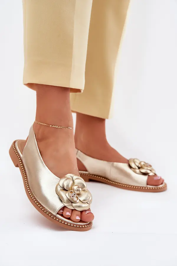 CheBello Leather Flat Sandals With Decoration CheBello 4642 Gold