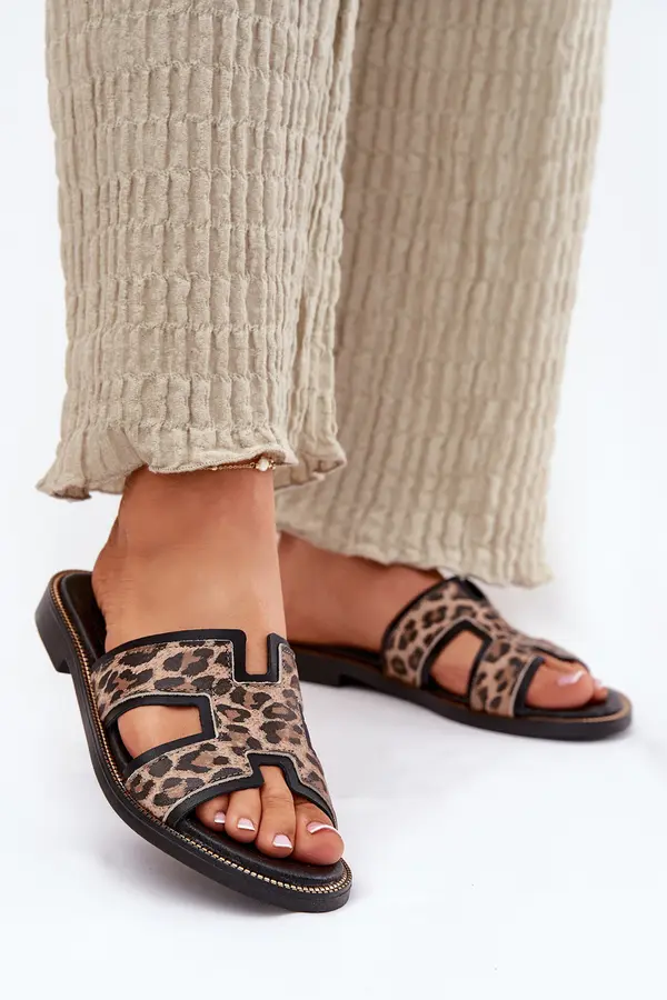 Zazoo Leather Flat Slippers With Leopard Print Zazoo