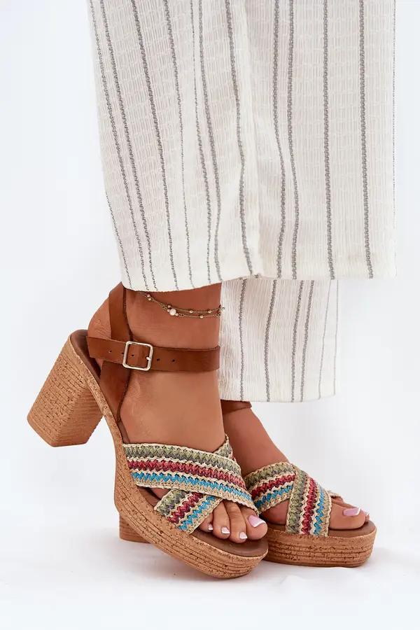 Zazoo Leather Heeled Sandals With Braiding On Straps Brown Zazoo 40460