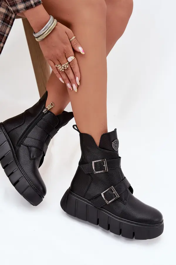 VINCEZA Leather Insulated Women's Ankle Boots On Platform With Buckles Vinceza