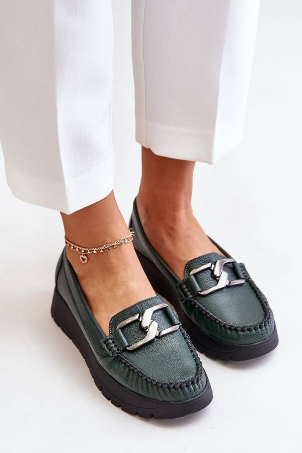 Zazoo Leather Moccasins On Platform With Decoration Dark Green Zazoo 10141