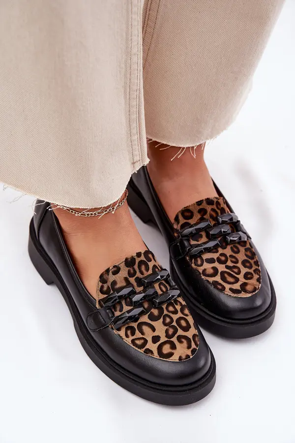 Laura Messi Leather Moccasins With Decoration And Leopard Black Laura Messi 2965