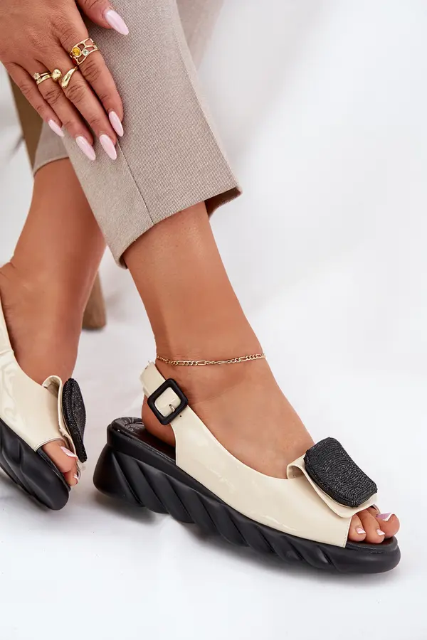 ARTIKER Leather Patent Ladies Wedge Sandals with Decoration Artiker Beige