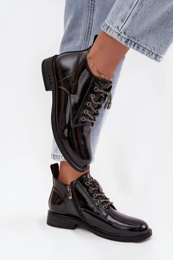 D&A Leather Patent Women's Ankle Boots with Decorative Lacing D&A