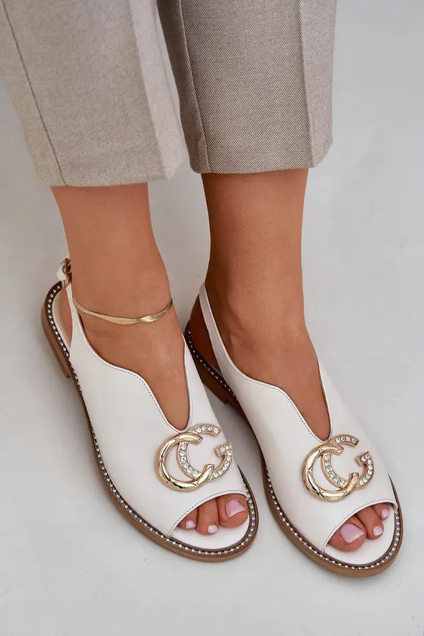 Laura Messi Leather Sandals On A Flat Heel With Decoration Light Beige Laura Messi 2865