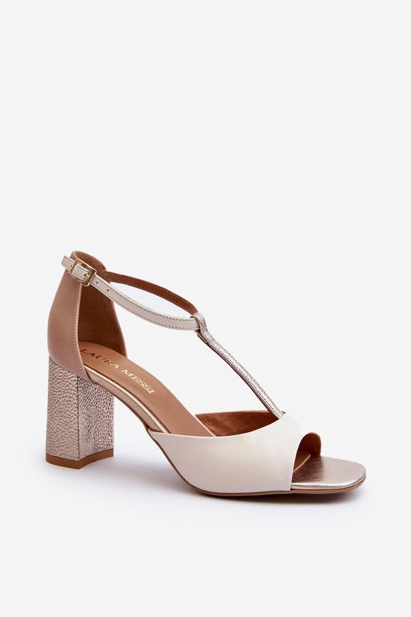 Laura Messi Leather Sandals with Heel Laura Messi 2759 Beige