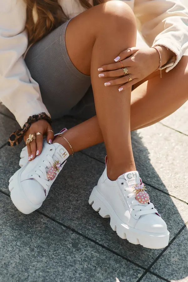 CheBello Leather Sneakers With Decorative Pineapple Brooch CheBello 4651 White